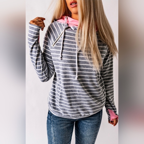 NEW WITH TAGS Small Gray White Stripe Pink Cowl Double Hoodie look - Picture 3 of 8